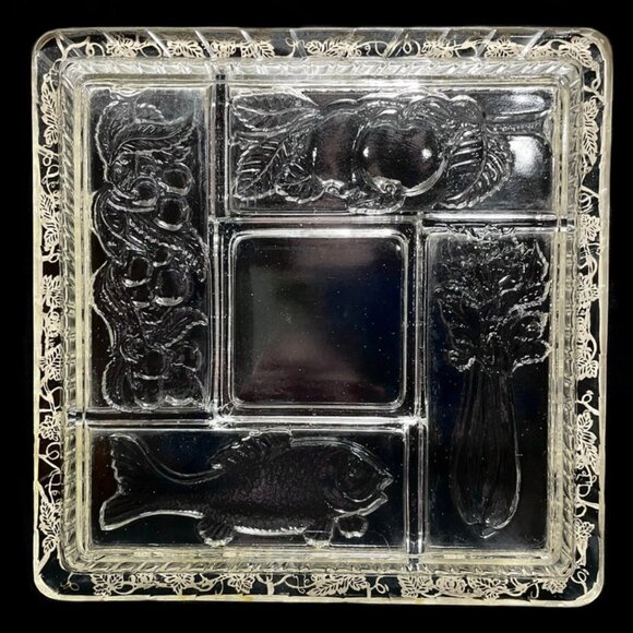 Vintage 1940s Duncan & Miller INTAGLIO Glass Silver Overlay Divided Square Dish - Picture 6 of 7